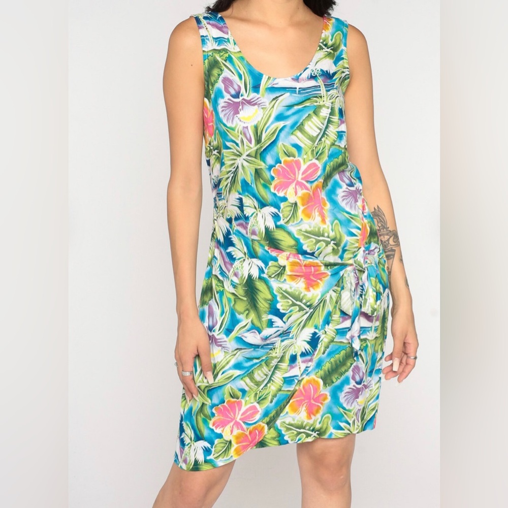 Expressions Y2K Tropical Hawaiian Print Dress with Wrap Skirt Green Blue Size 8*